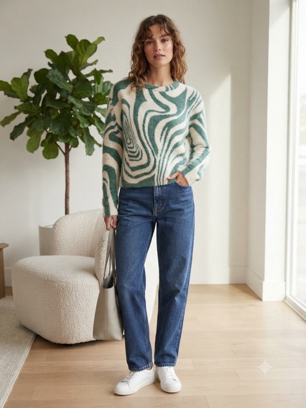 stradivarius Teal and Cream Swirl Crewneck Sweater